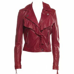 Valentino Lamb Leather Biker Jacket Red Moto Ruffle IT sz 48